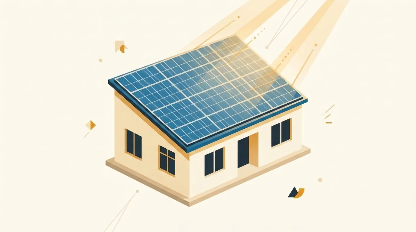 Cubierta residencial con paneles solares fotovoltaicos conectados a inversor y batería doméstica para autoconsumo